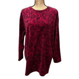 Vintage Lizsport Velour Top Moody Red Black‎ Floral 90s Grunge Size Medium